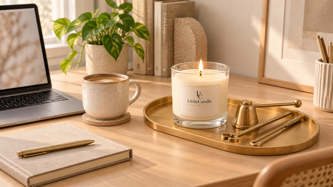 Góc làm việc tối giản có nến thơm LittleCandle, sổ tay, cây xanh và khay decor
