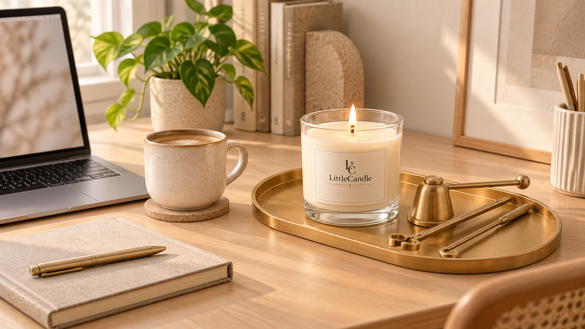 Góc làm việc tối giản có nến thơm LittleCandle, sổ tay, cây xanh và khay decor