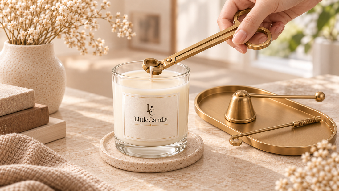 Hũ nến thơm LittleCandle đang cháy trên đĩa lót cùng dụng cụ chăm sóc nến