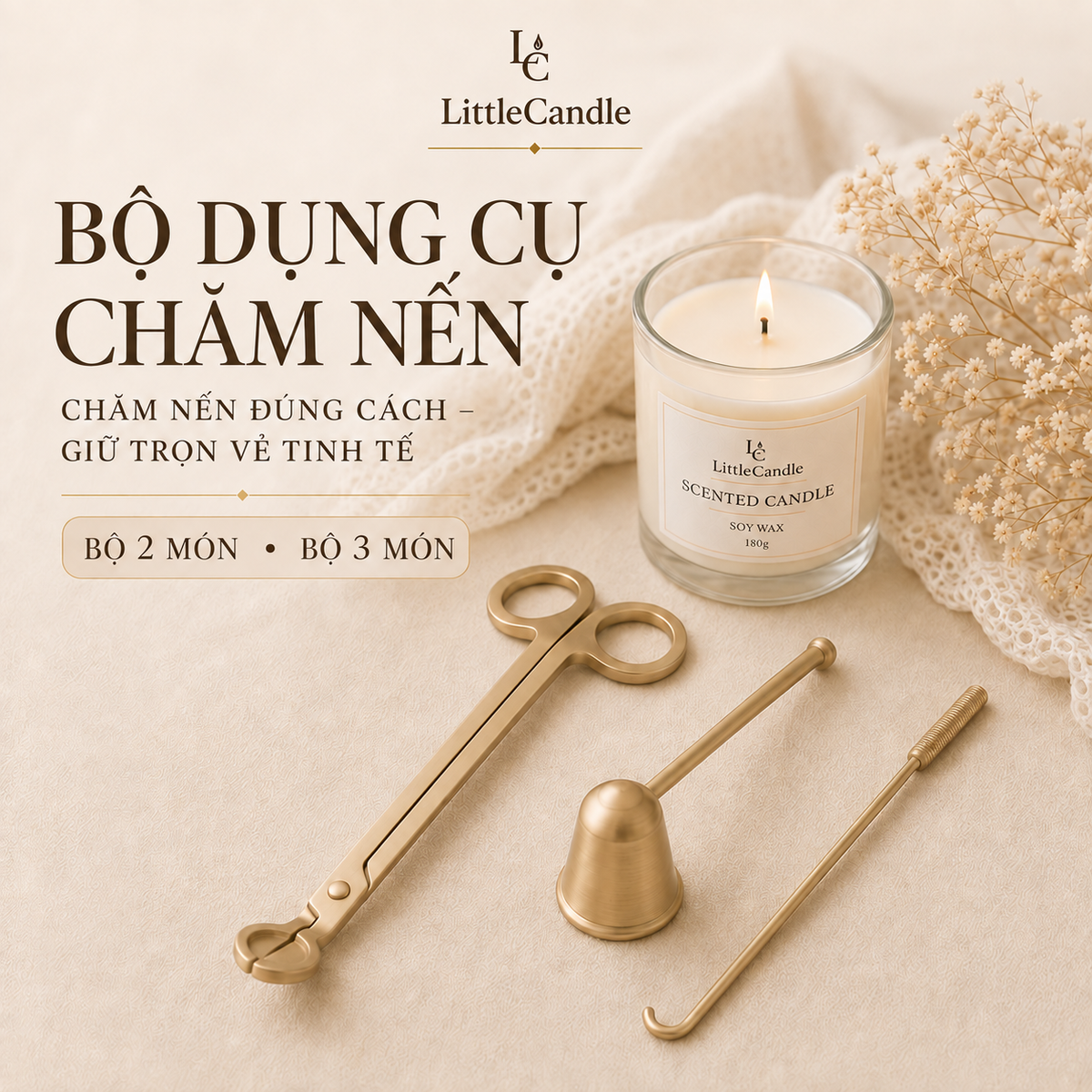 Bộ dụng cụ chăm sóc nến LittleCandle gồm kéo cắt bấc, chuông dập tắt nến và móc chỉnh bấc – AC-004