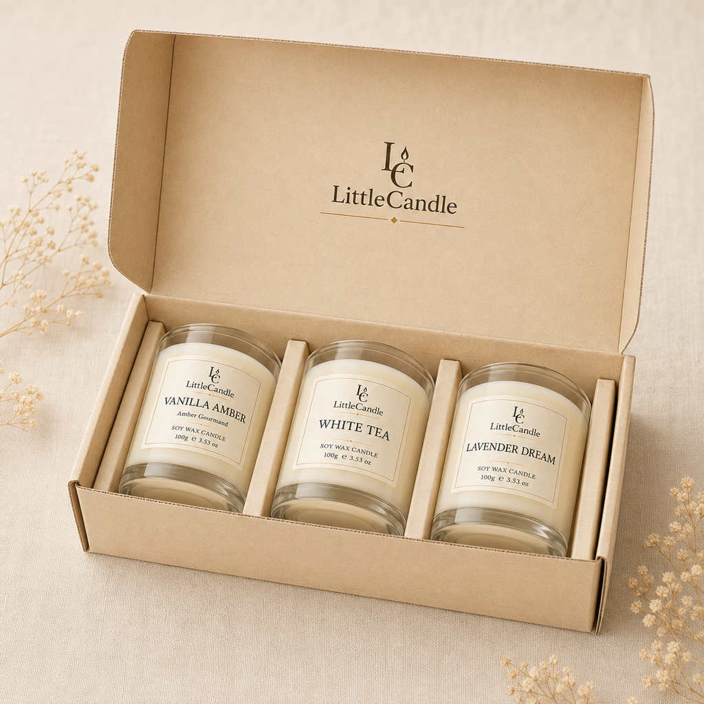 Bộ quà tặng ba nến thơm cỡ nhỏ LittleCandle gồm hương vani hổ phách, trà trắng và oải hương – GS-001