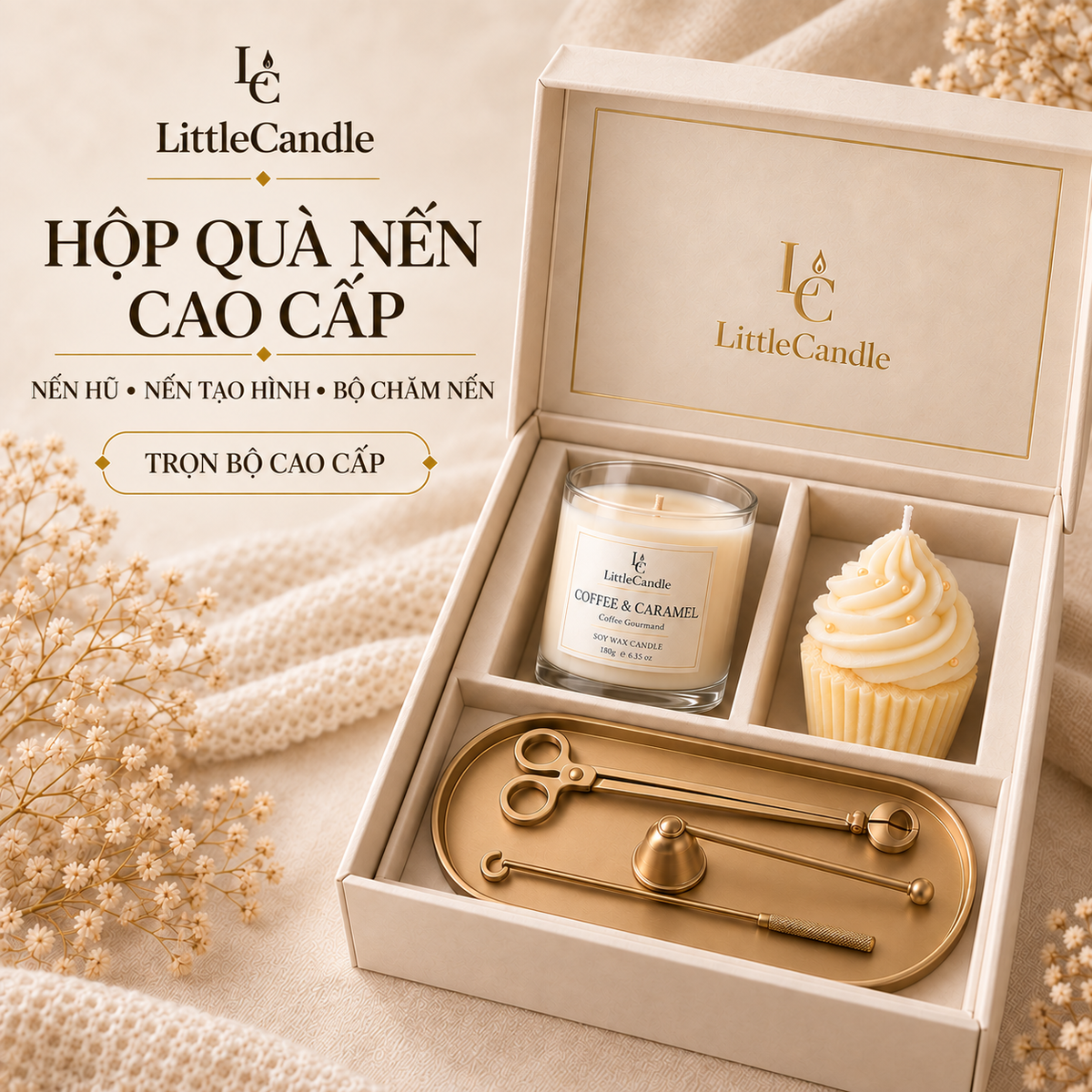 Bộ quà tặng nến thơm cao cấp LittleCandle gồm nến hương cà phê caramel, nến bánh kem vani và bộ dụng cụ chăm sóc – GS-008