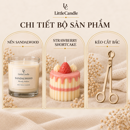 Bộ quà tặng bán chạy LittleCandle gồm nến hương gỗ đàn hương, nến bánh dâu và kéo cắt bấc – GS-007