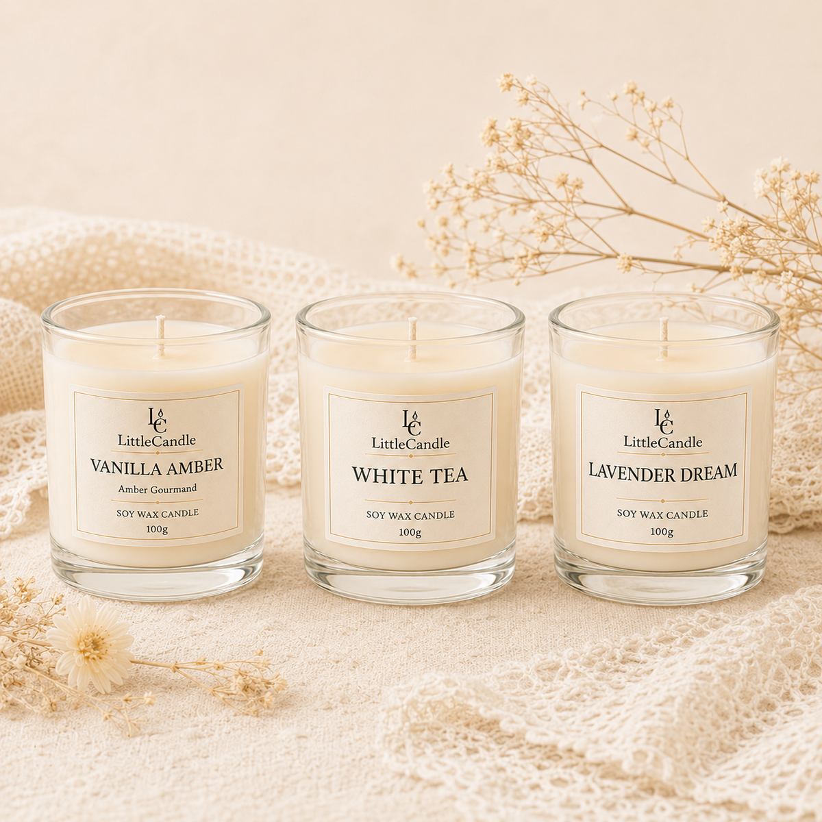 Bộ quà tặng ba nến thơm cỡ nhỏ LittleCandle gồm hương vani hổ phách, trà trắng và oải hương – GS-001