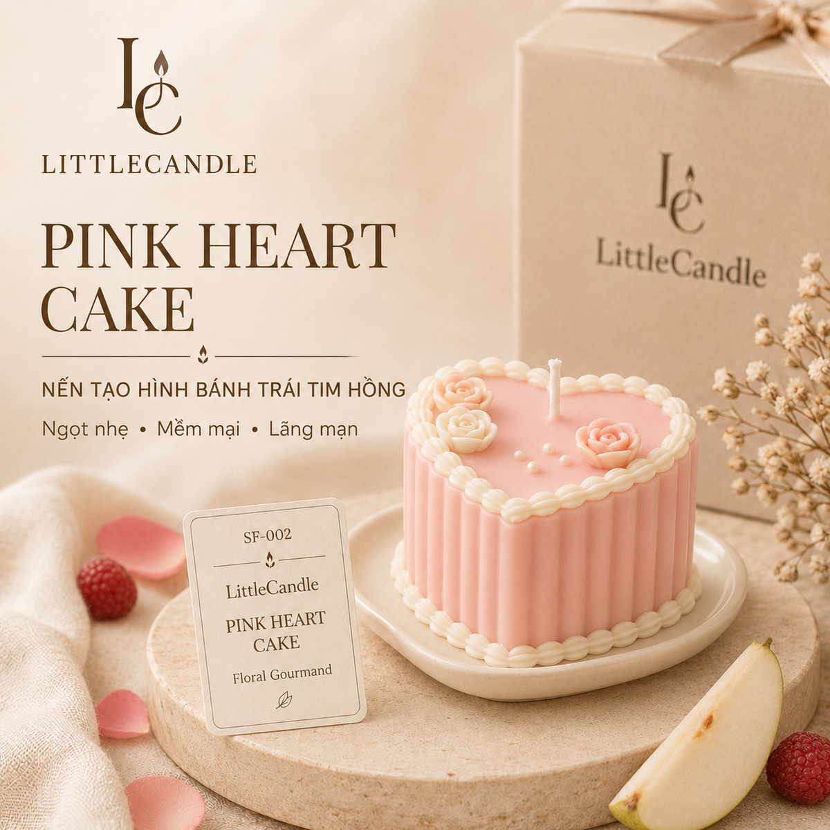 Nến thơm tạo hình bánh trái tim hồng LittleCandle, làm quà sinh nhật và kỷ niệm – SF-002