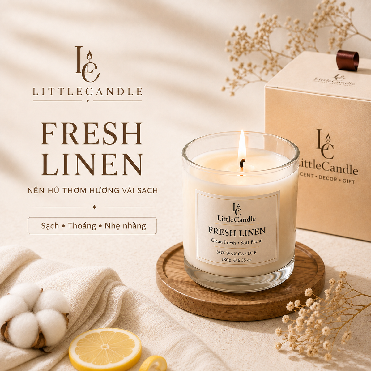 Nến thơm LittleCandle hương vải sạch nhẹ nhàng, thơm phòng và trang trí nhà – JC-007