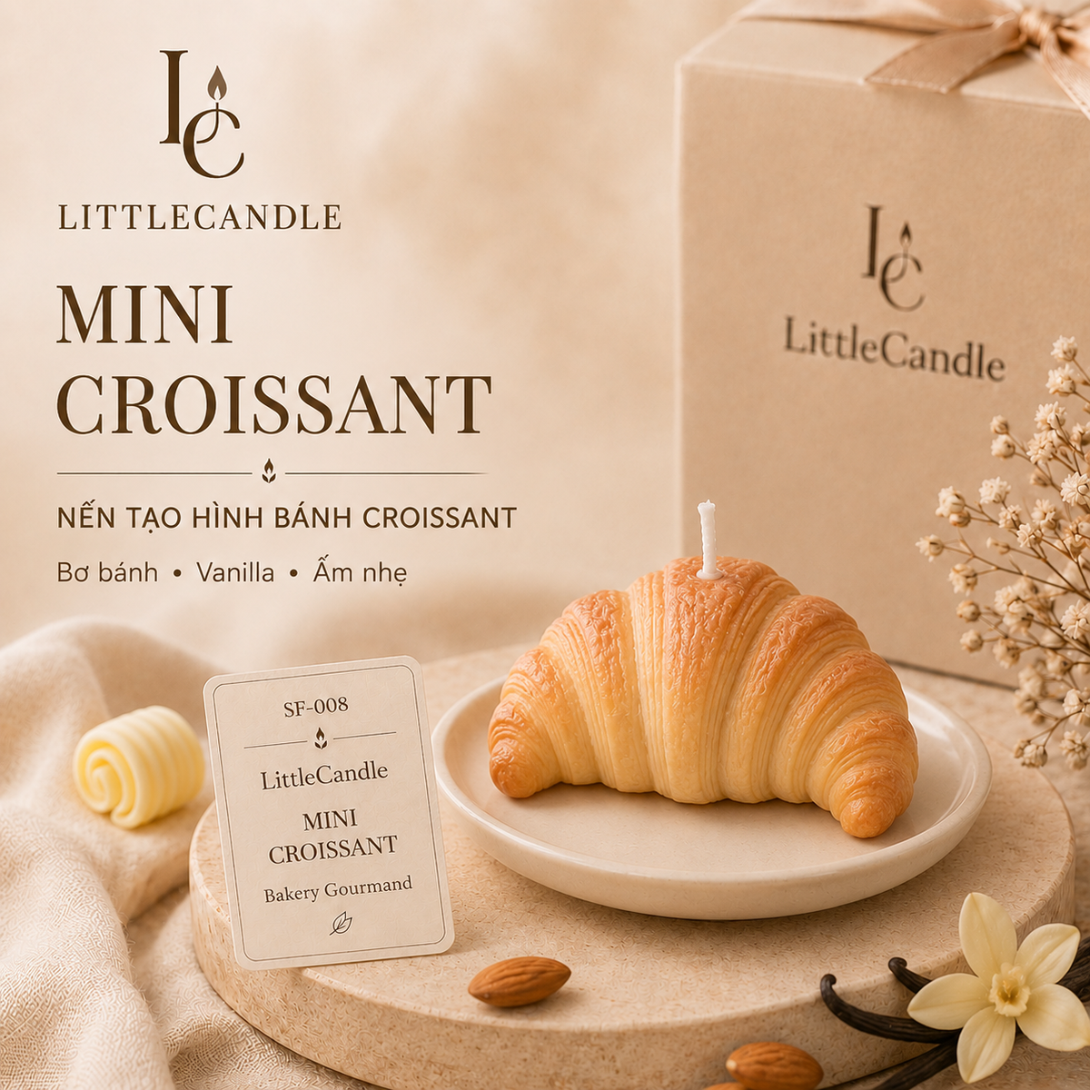 Nến thơm tạo hình bánh sừng bò mini LittleCandle hương bơ vani, trang trí góc cà phê – SF-008