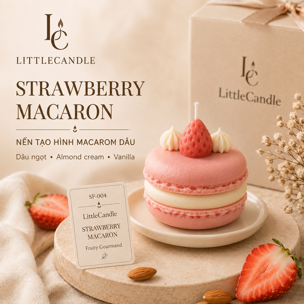 Nến thơm tạo hình bánh macaron dâu LittleCandle, trang trí và làm quà tặng – SF-004