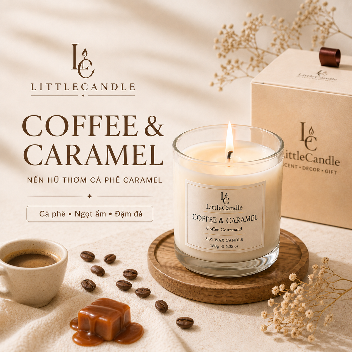 Nến thơm LittleCandle hương cà phê và caramel ngọt ấm, trang trí góc cà phê – JC-008