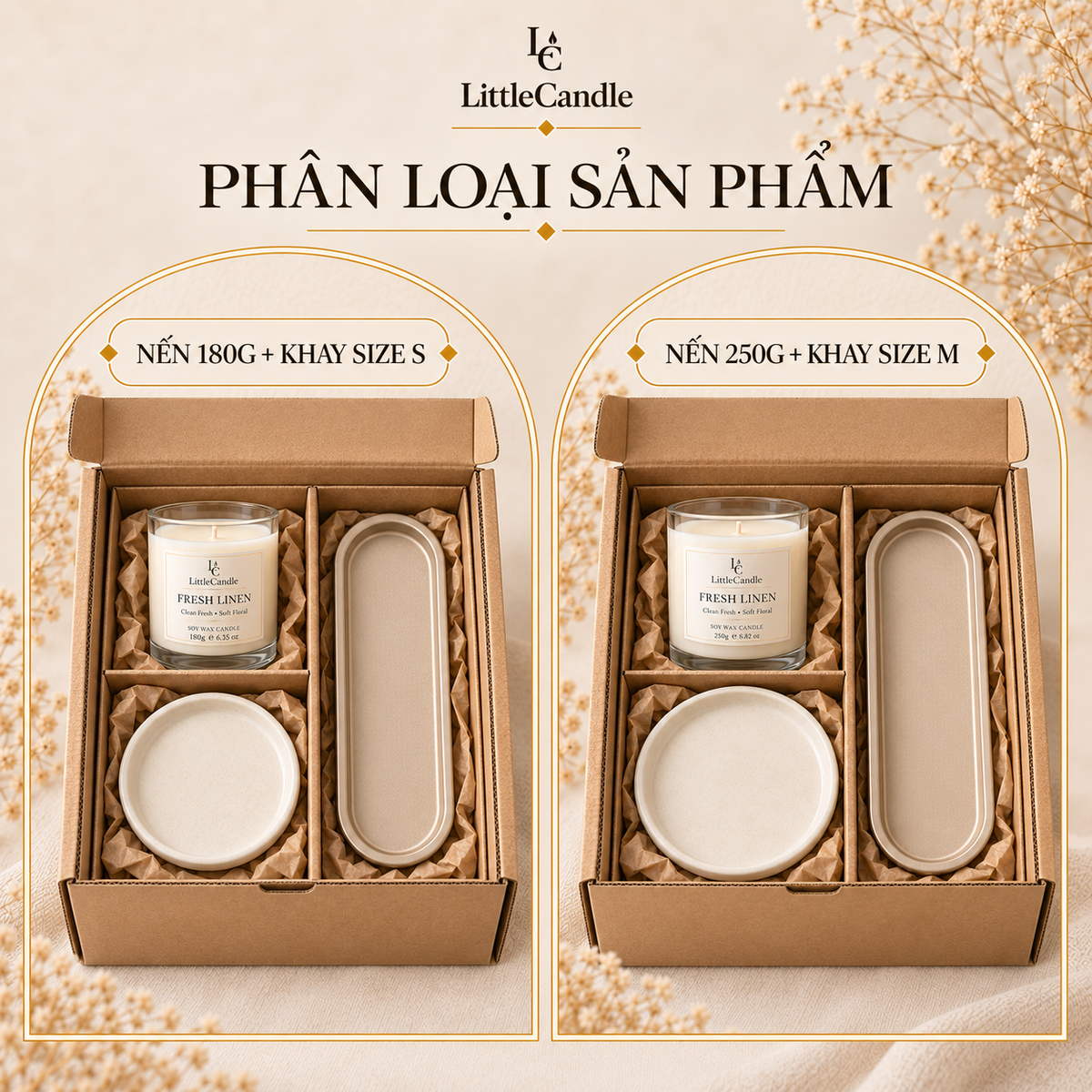 Bộ quà tặng tân gia LittleCandle gồm nến hương vải sạch, đĩa gốm và khay trang trí – GS-006