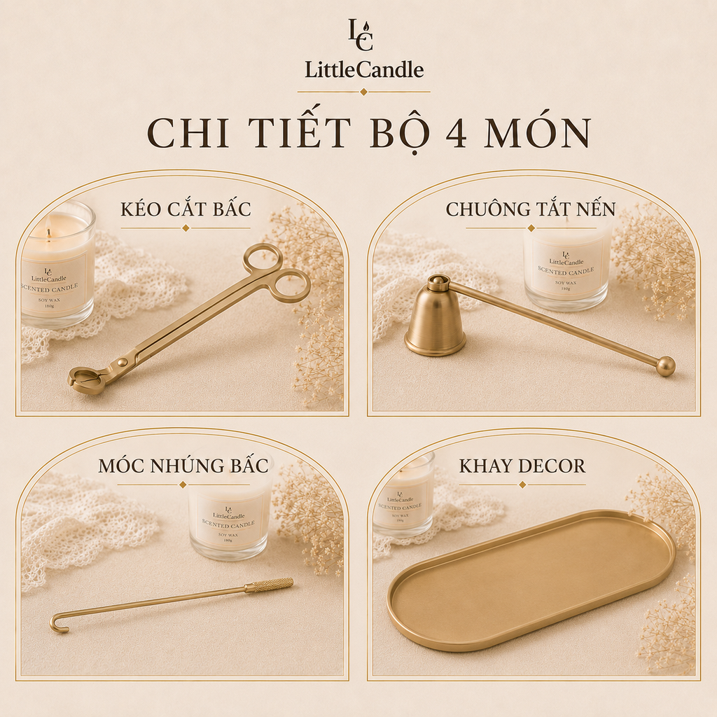 Bộ chăm sóc và trang trí nến LittleCandle gồm 4 món phụ kiện dành cho nến thơm – AC-008