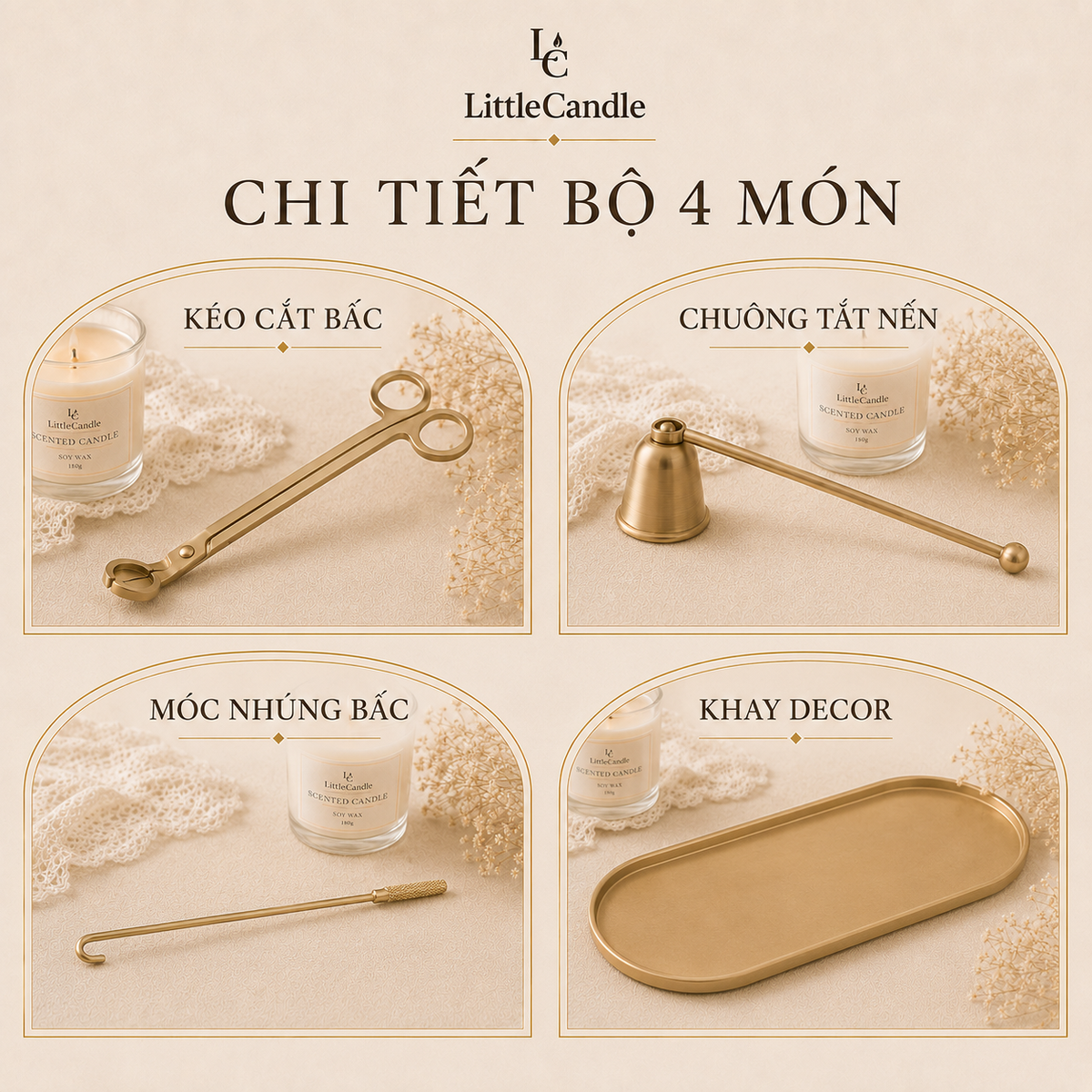 Bộ chăm sóc và trang trí nến LittleCandle gồm 4 món phụ kiện dành cho nến thơm – AC-008