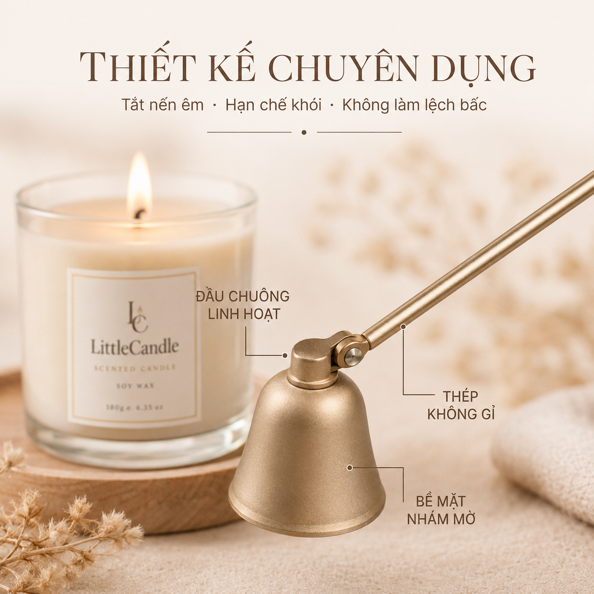 Chuông dập tắt nến LittleCandle dài 20 cm, phụ kiện tắt nến thơm tiện dụng – AC-002