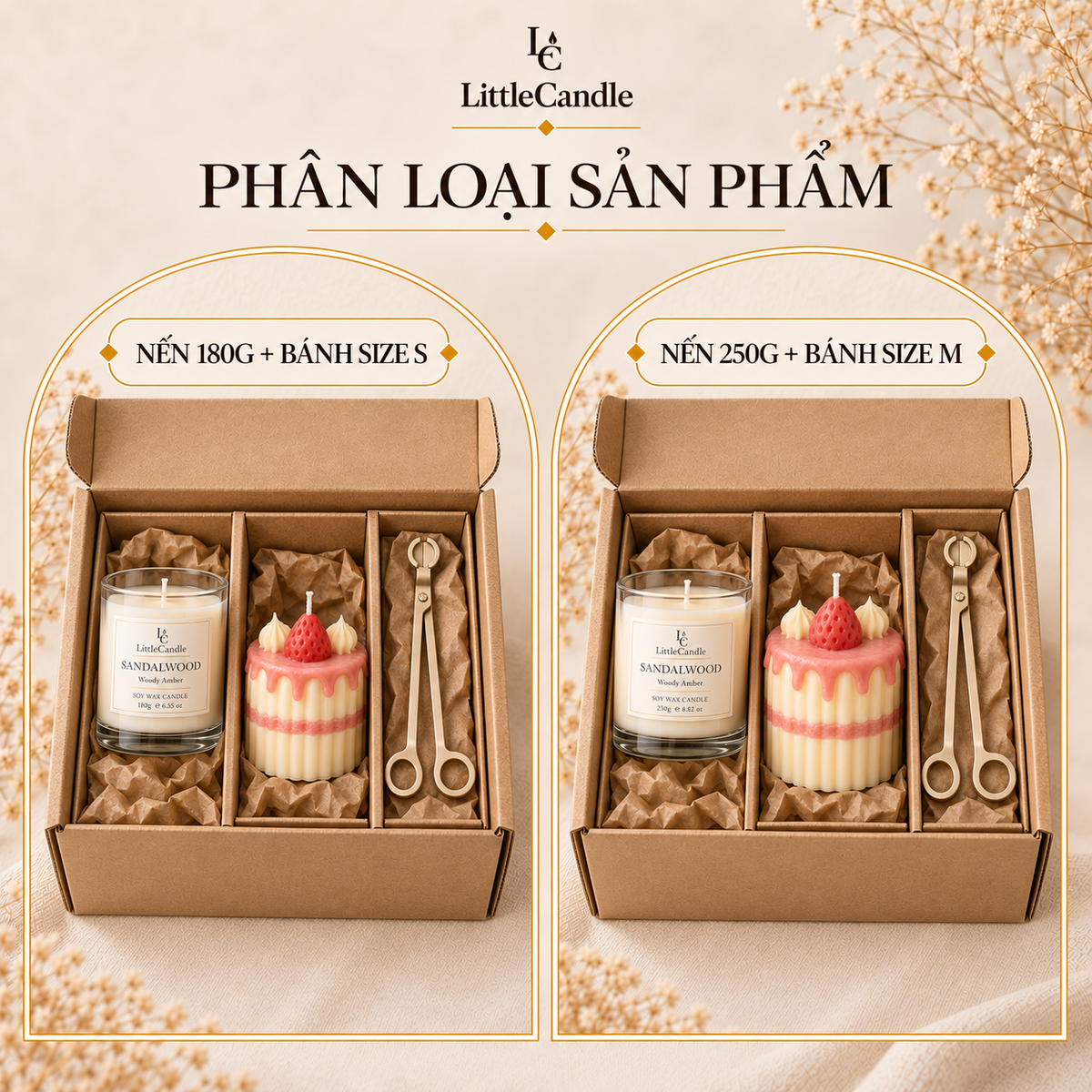 Bộ quà tặng bán chạy LittleCandle gồm nến hương gỗ đàn hương, nến bánh dâu và kéo cắt bấc – GS-007