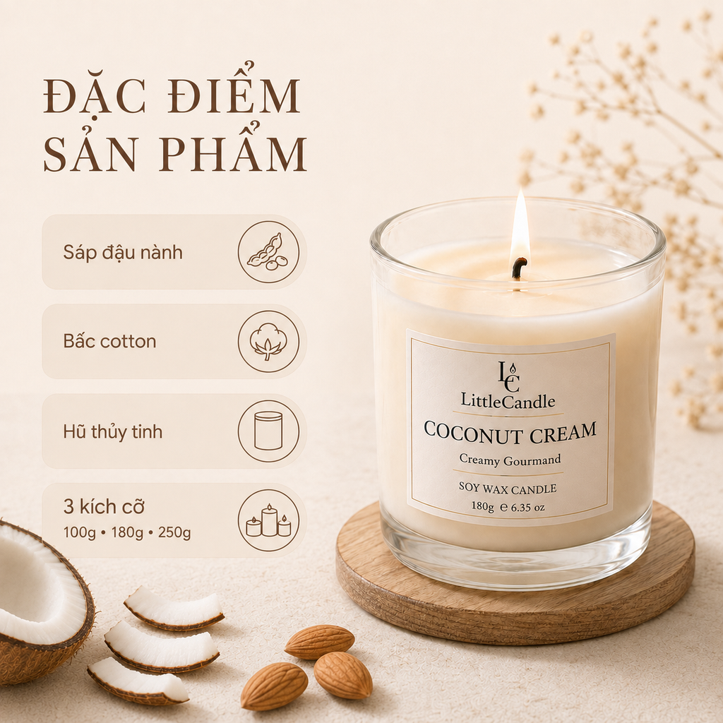 Nến thơm LittleCandle hương dừa sữa và vani béo nhẹ, ngọt ấm, trang trí phòng – JC-006