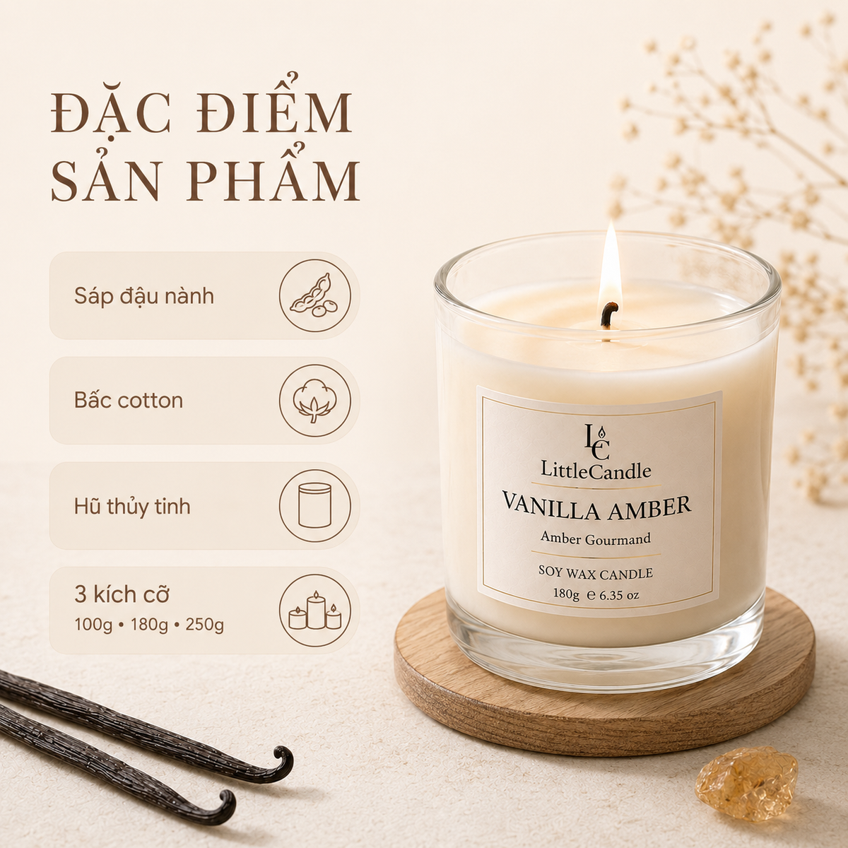 Nến thơm LittleCandle hương vani hổ phách ngọt ấm, trang trí phòng và thư giãn – JC-001