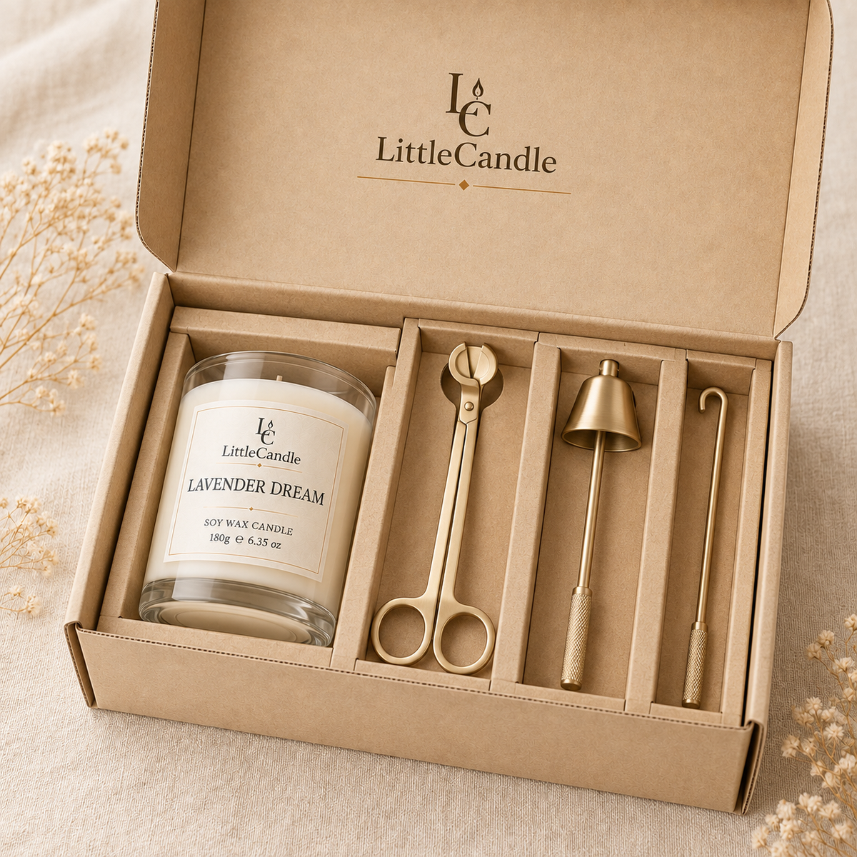 Bộ quà tặng chăm sóc nến LittleCandle gồm nến hương oải hương và bộ dụng cụ chăm sóc nến – GS-003