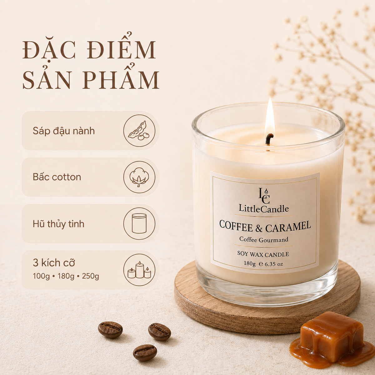 Nến thơm LittleCandle hương cà phê và caramel ngọt ấm, trang trí góc cà phê – JC-008