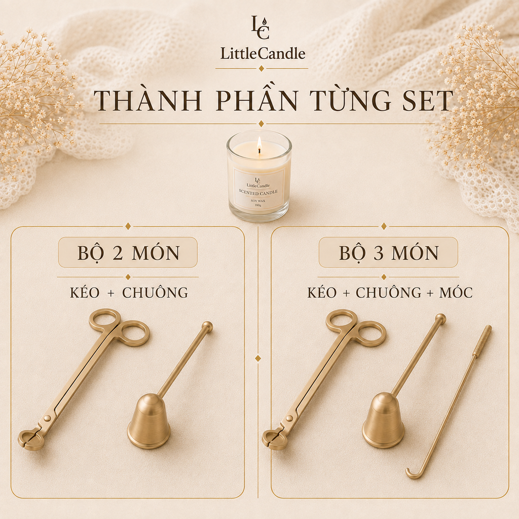 Bộ dụng cụ chăm sóc nến LittleCandle gồm kéo cắt bấc, chuông dập tắt nến và móc chỉnh bấc – AC-004