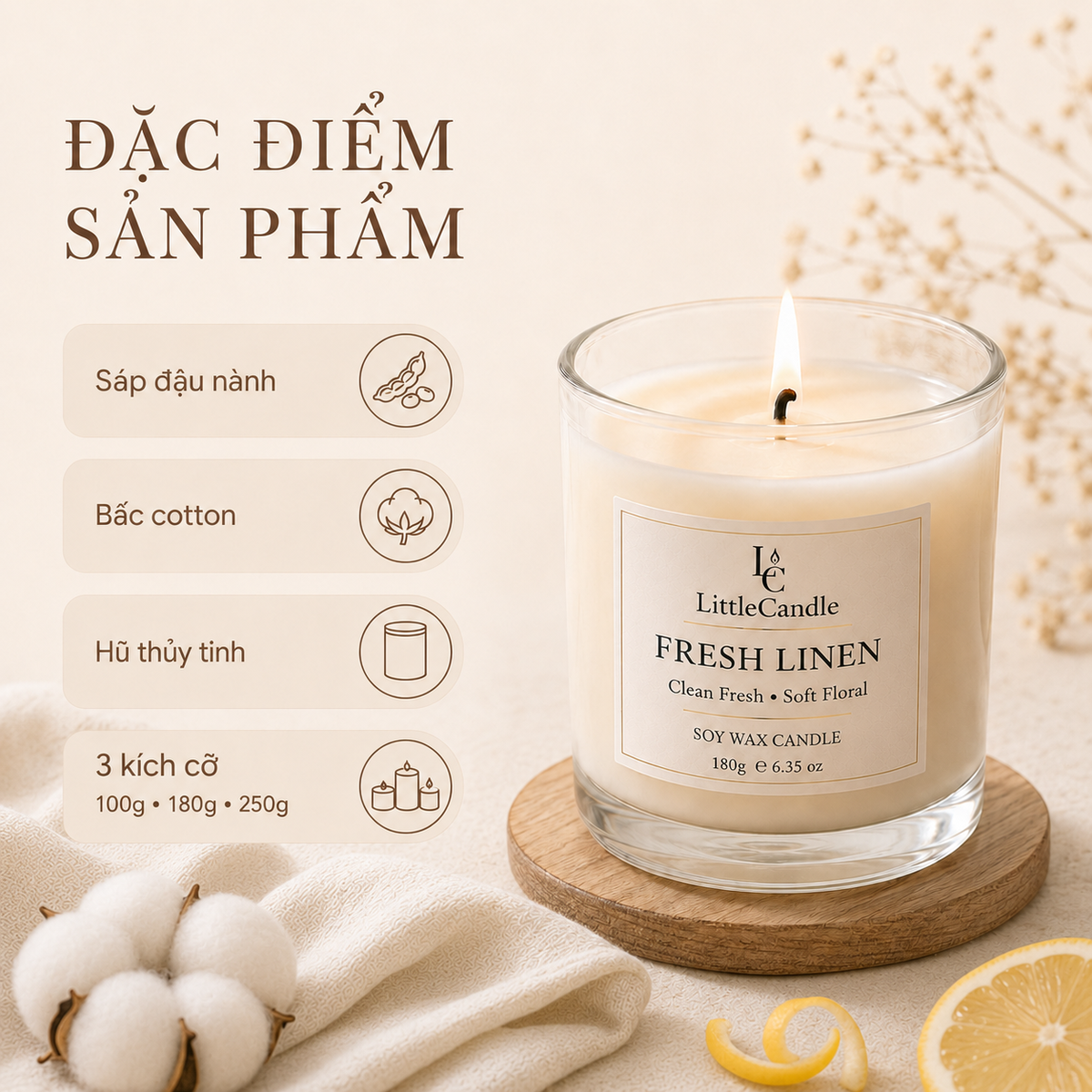 Nến thơm LittleCandle hương vải sạch nhẹ nhàng, thơm phòng và trang trí nhà – JC-007