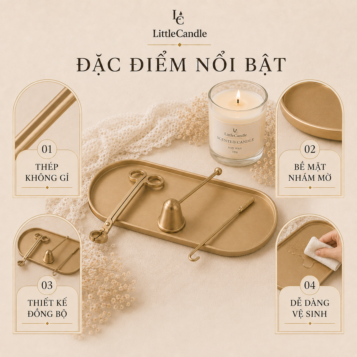 Bộ chăm sóc và trang trí nến LittleCandle gồm 4 món phụ kiện dành cho nến thơm – AC-008