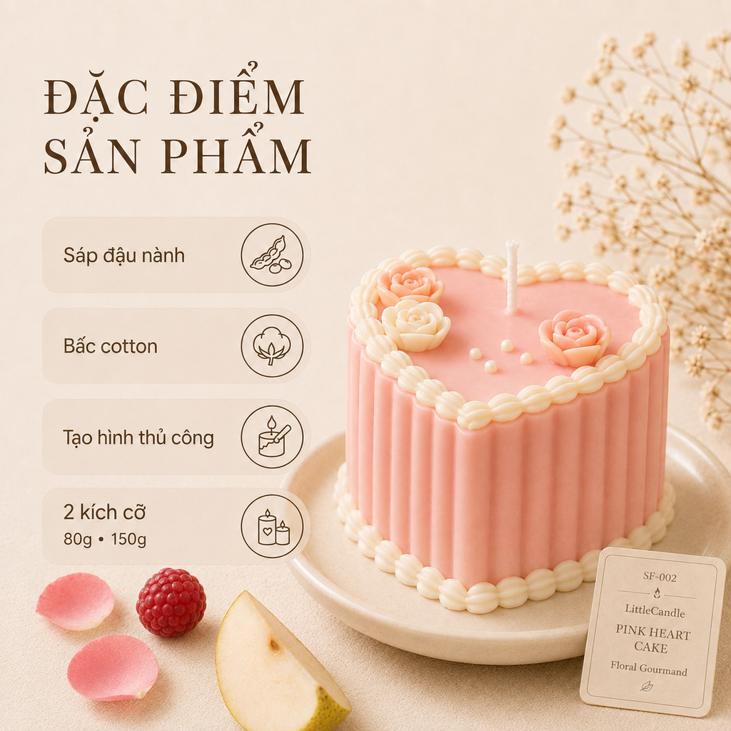Nến thơm tạo hình bánh trái tim hồng LittleCandle, làm quà sinh nhật và kỷ niệm – SF-002