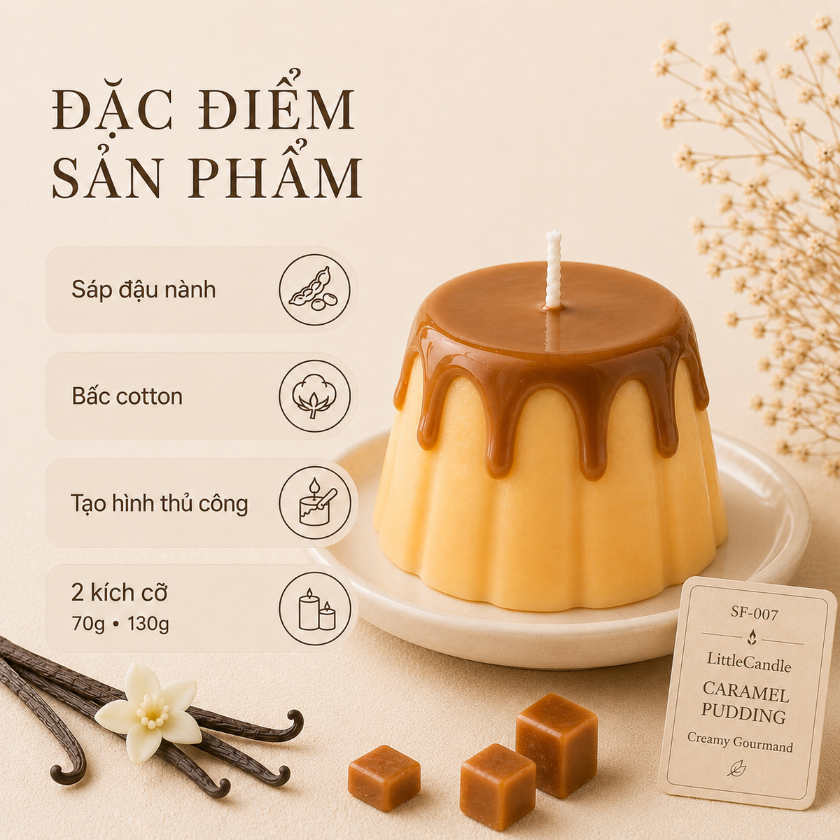 Nến thơm tạo hình bánh flan caramel LittleCandle hương caramel và vani, trang trí và làm quà tặng – SF-007