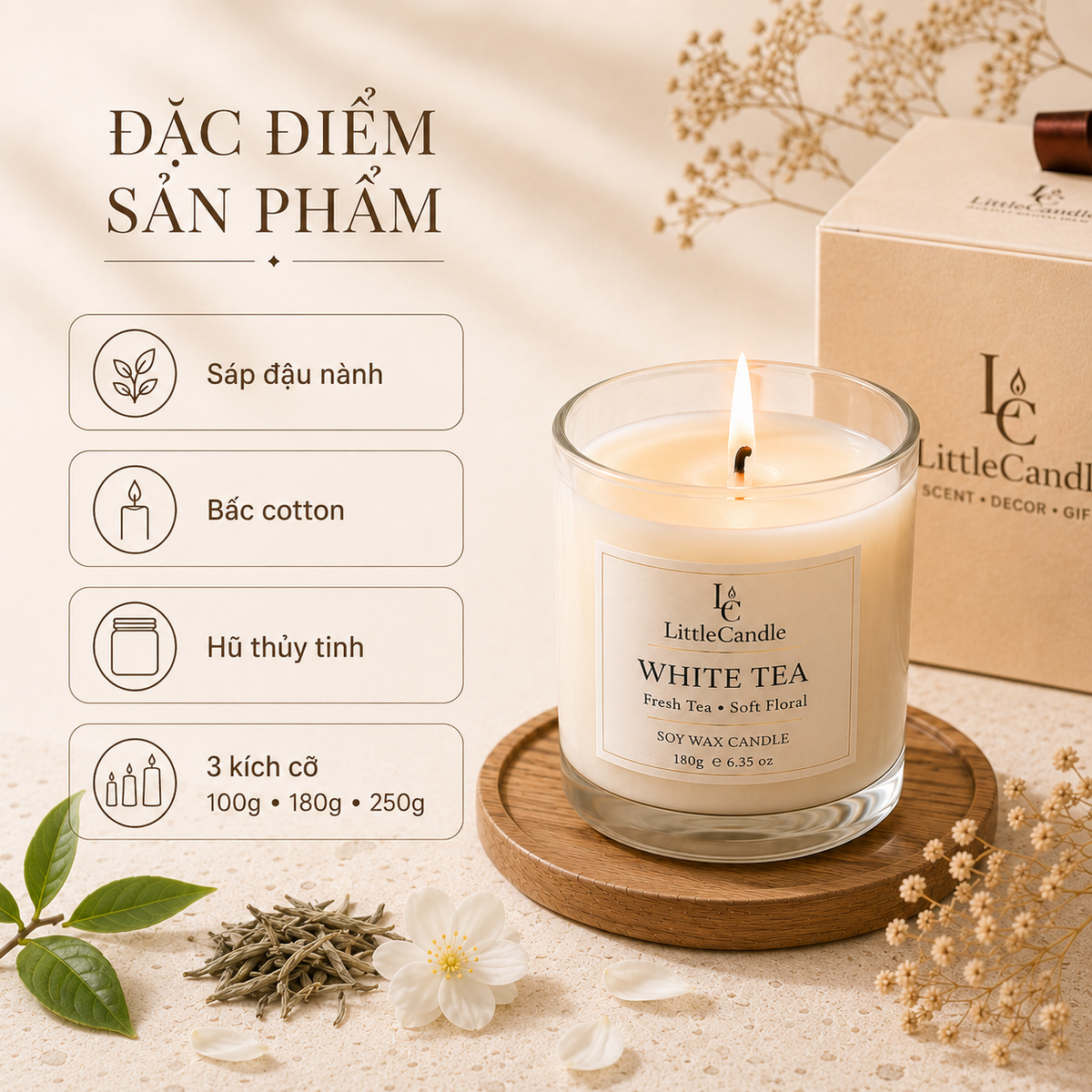 Nến thơm LittleCandle hương trà trắng thanh sạch, nhẹ nhàng, thơm phòng và trang trí – JC-002