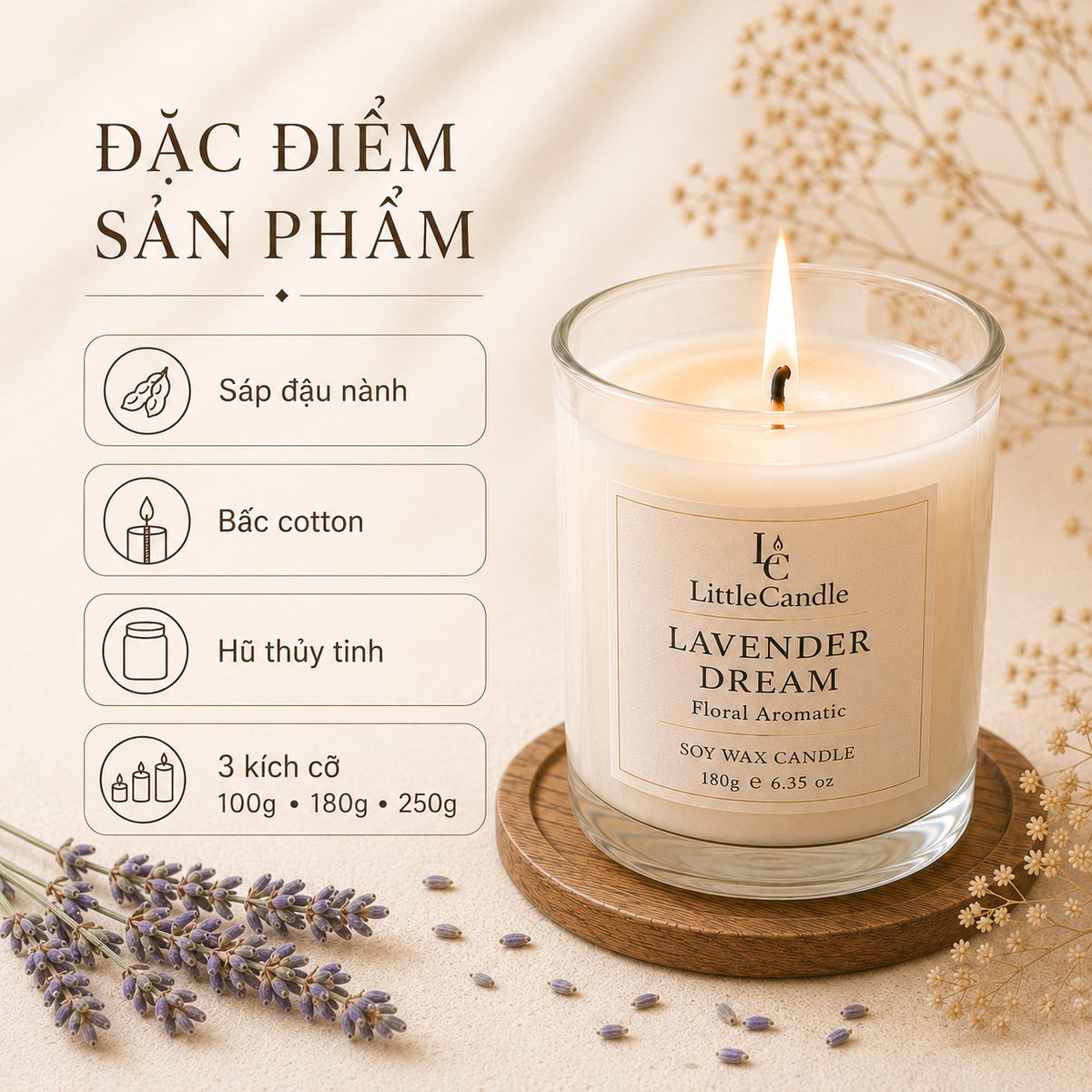 Nến thơm LittleCandle hương oải hương dịu nhẹ, thơm phòng và thư giãn – JC-003