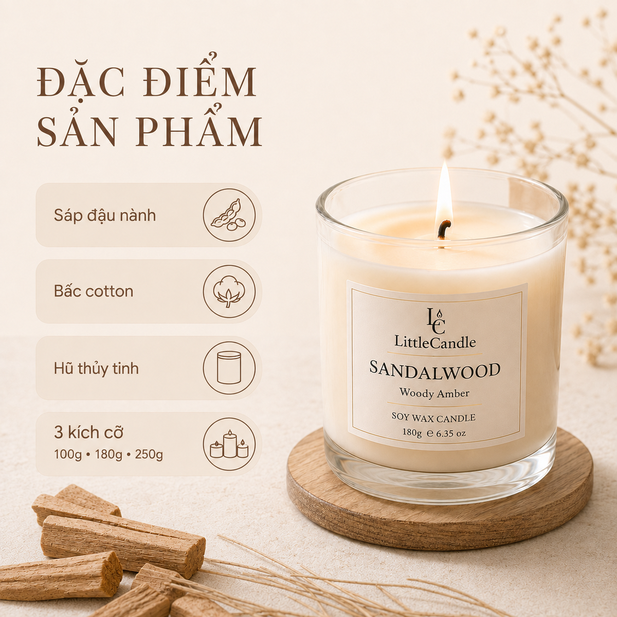 Nến thơm LittleCandle hương gỗ đàn hương trầm ấm, trang trí không gian – JC-004