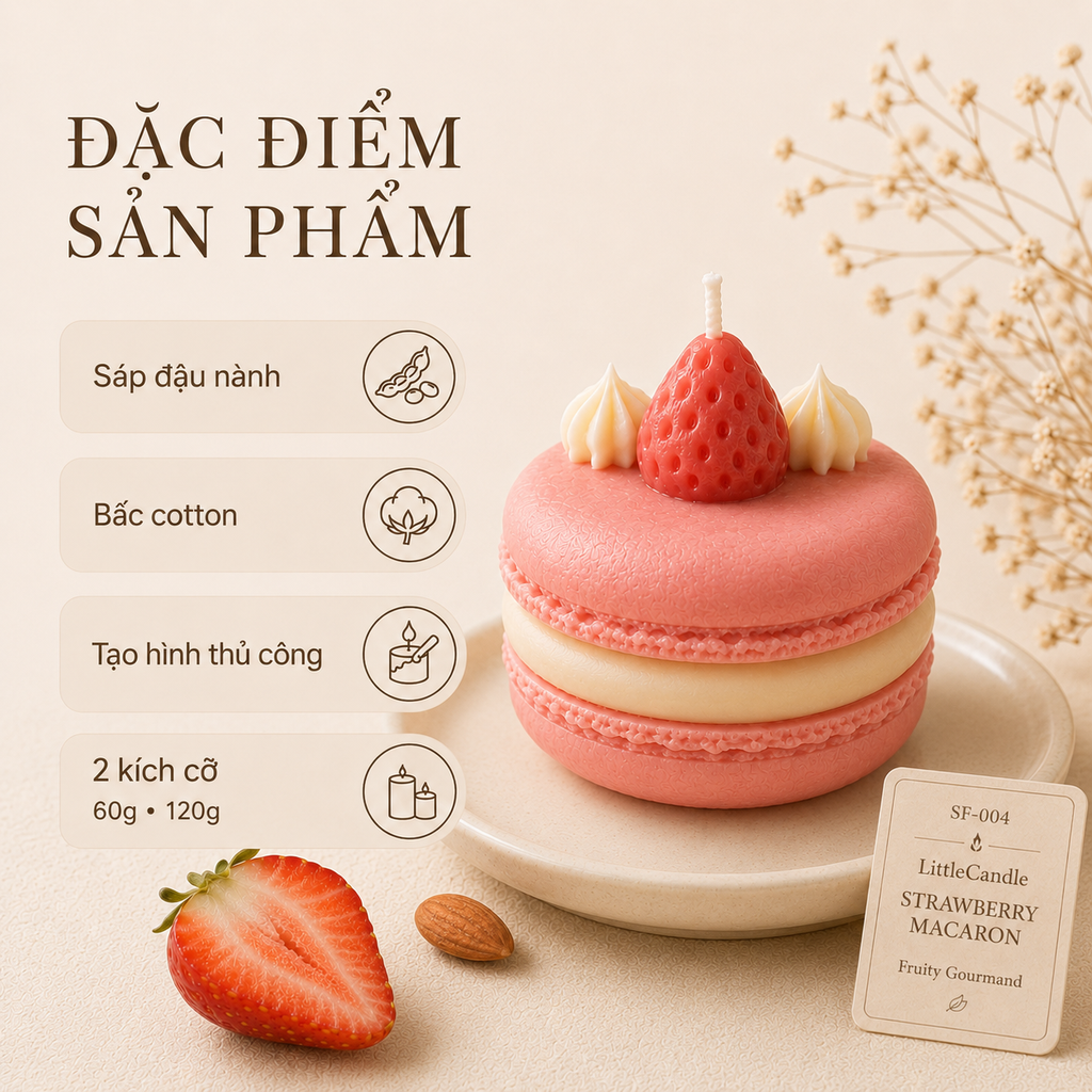 Nến thơm tạo hình bánh macaron dâu LittleCandle, trang trí và làm quà tặng – SF-004