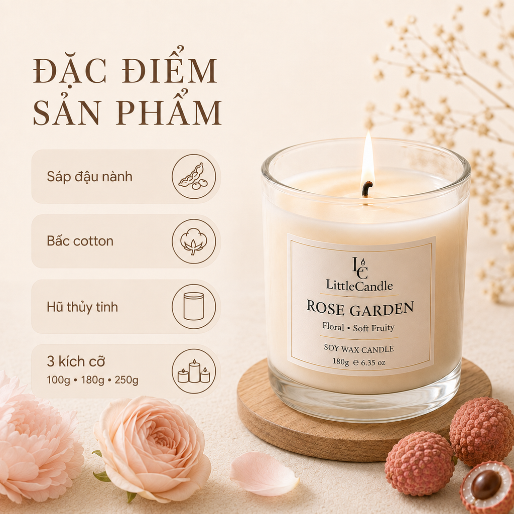 Nến thơm LittleCandle hương hoa hồng mẫu đơn thanh lịch, thơm phòng và làm quà tặng – JC-005