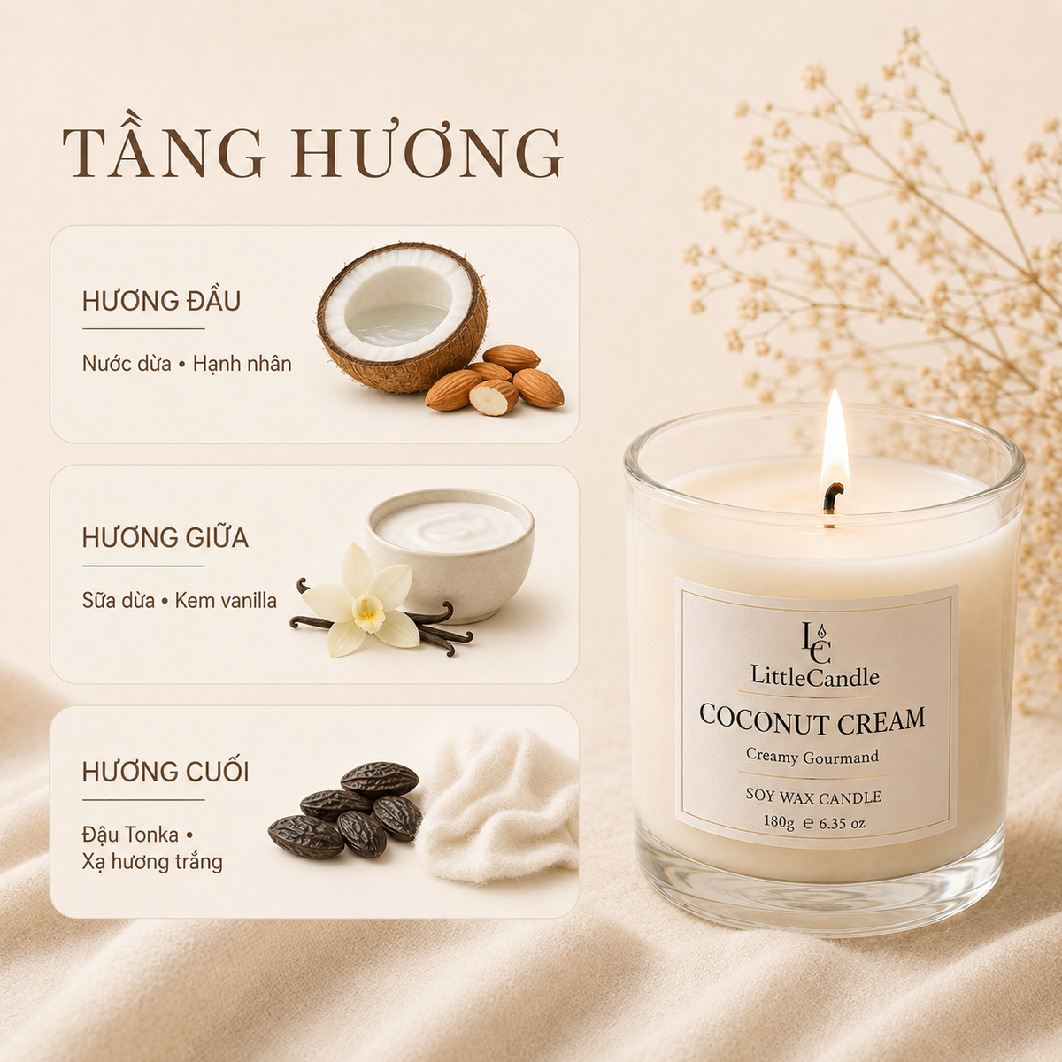 Nến thơm LittleCandle hương dừa sữa và vani béo nhẹ, ngọt ấm, trang trí phòng – JC-006