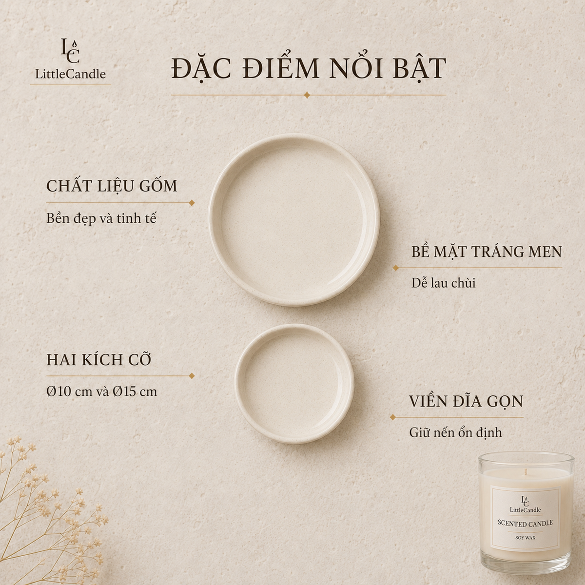 Đĩa gốm lót nến LittleCandle, đế đặt nến thơm và nến tạo hình dùng trang trí – AC-005