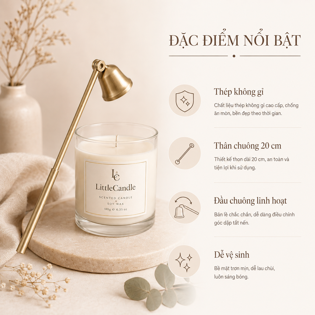 Chuông dập tắt nến LittleCandle dài 20 cm, phụ kiện tắt nến thơm tiện dụng – AC-002