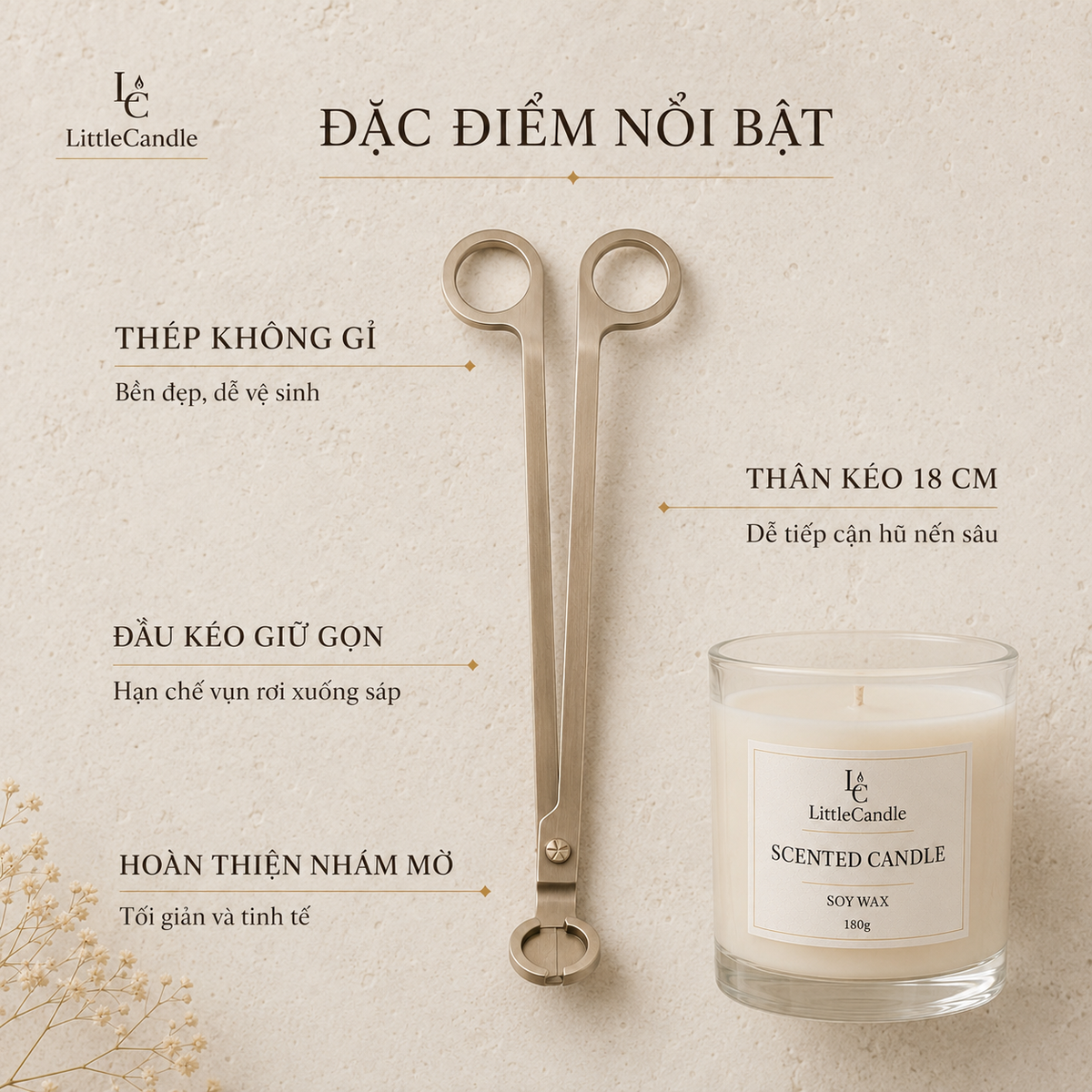 Kéo cắt bấc nến LittleCandle dài 18 cm, phụ kiện chăm sóc nến thơm – AC-001