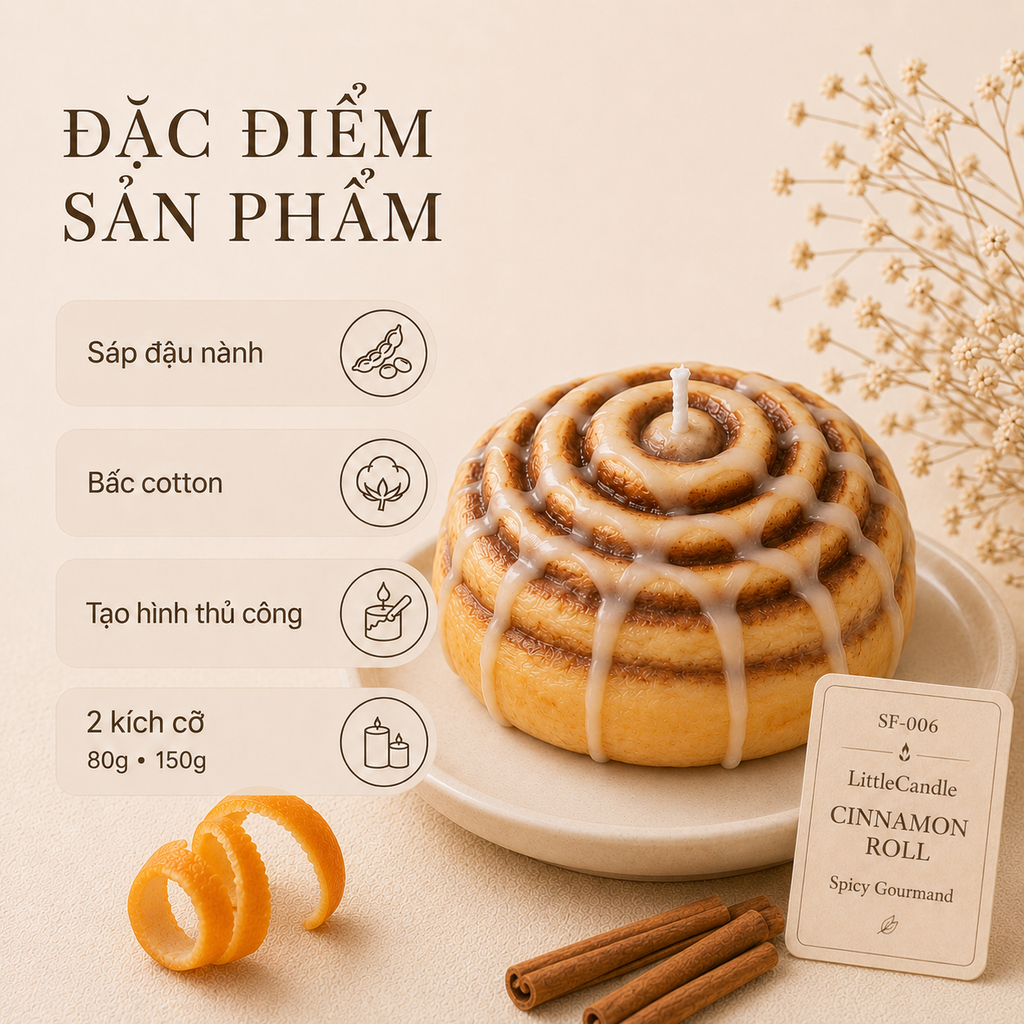 Nến thơm tạo hình bánh cuộn quế LittleCandle hương quế và vani, trang trí góc cà phê – SF-006