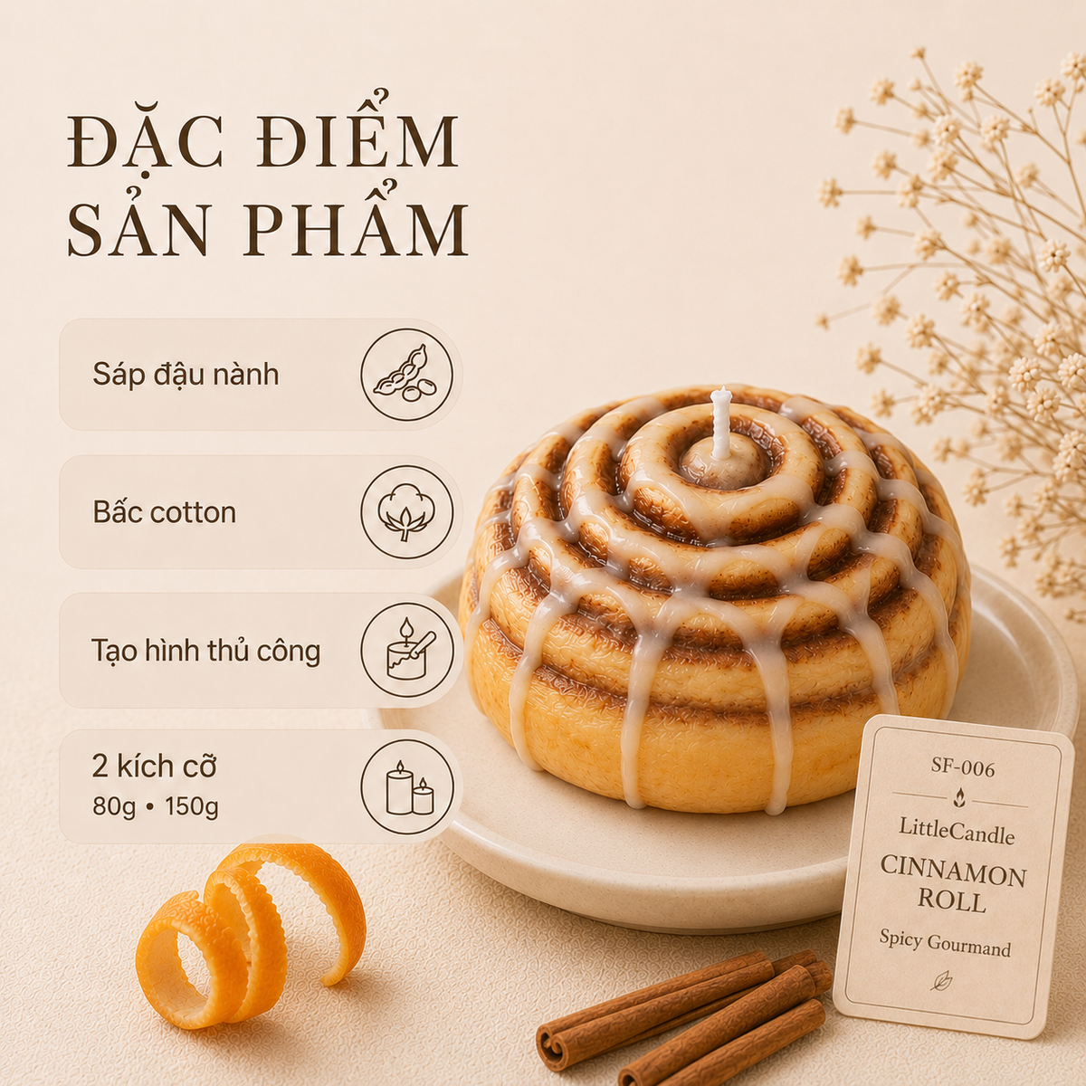 Nến thơm tạo hình bánh cuộn quế LittleCandle hương quế và vani, trang trí góc cà phê – SF-006