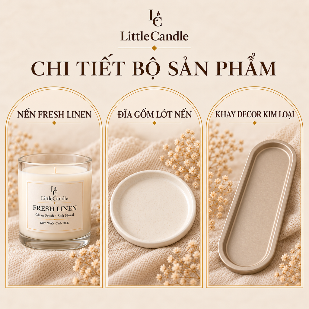 Bộ quà tặng tân gia LittleCandle gồm nến hương vải sạch, đĩa gốm và khay trang trí – GS-006