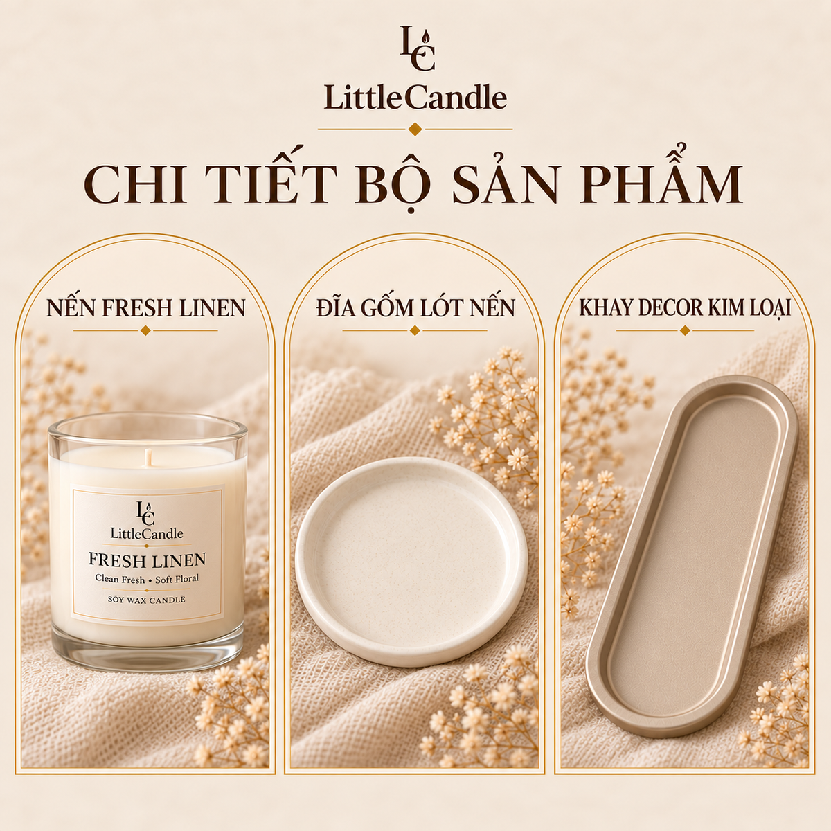 Bộ quà tặng tân gia LittleCandle gồm nến hương vải sạch, đĩa gốm và khay trang trí – GS-006