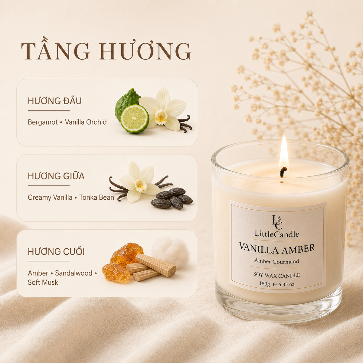 Nến thơm LittleCandle hương vani hổ phách ngọt ấm, trang trí phòng và thư giãn – JC-001