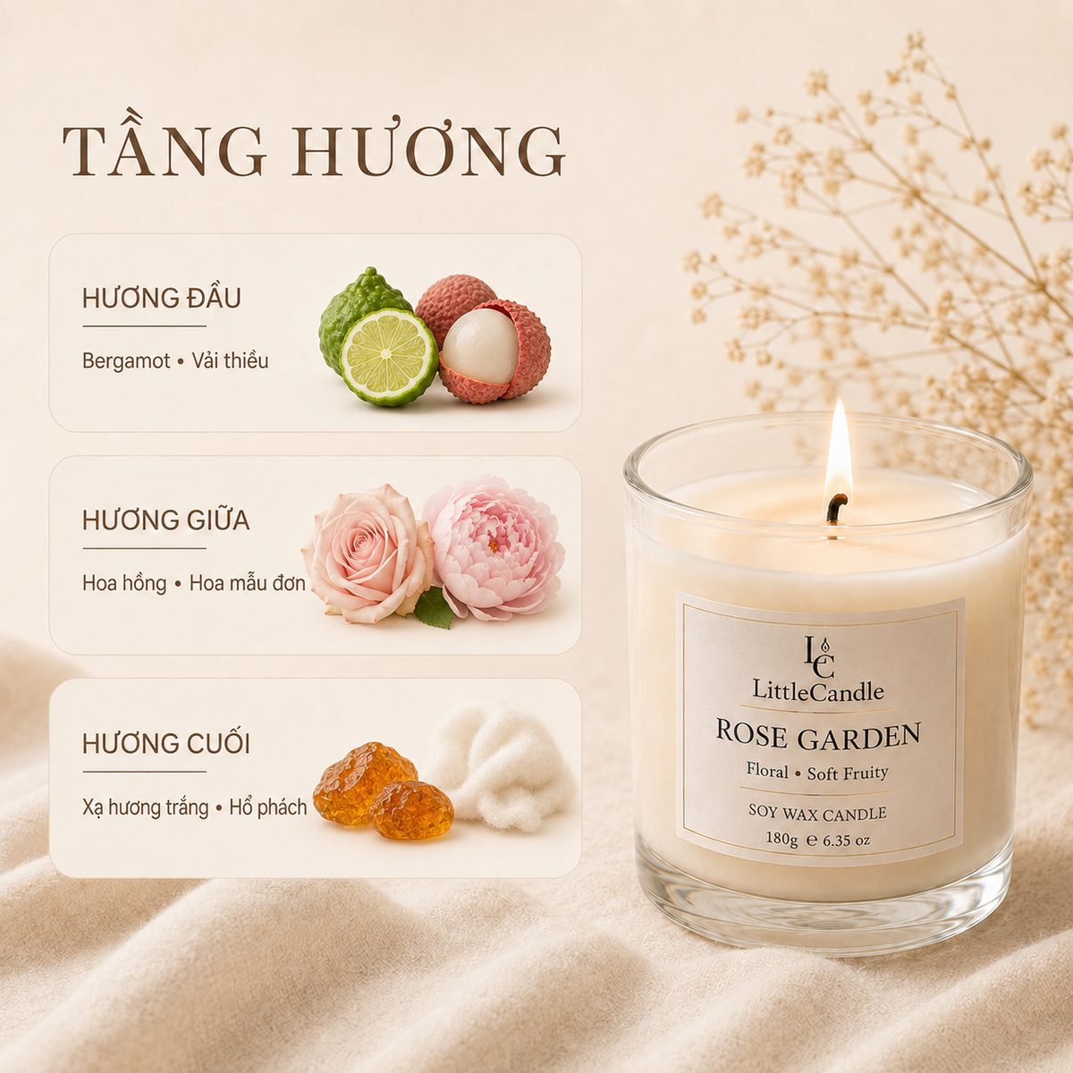 Nến thơm LittleCandle hương hoa hồng mẫu đơn thanh lịch, thơm phòng và làm quà tặng – JC-005