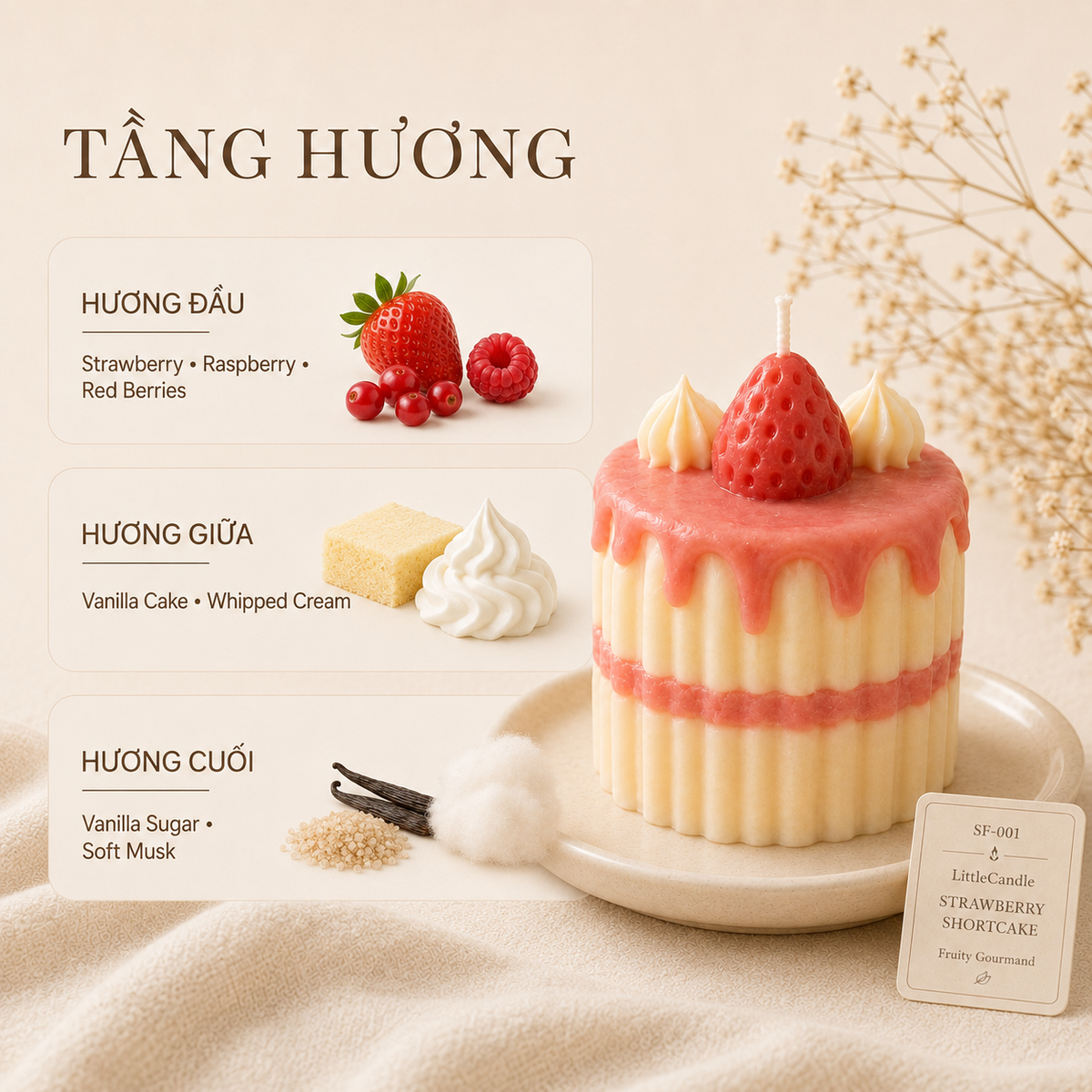 Nến thơm tạo hình bánh kem dâu LittleCandle, trang trí và làm quà tặng – SF-001