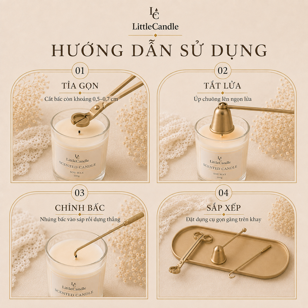 Bộ chăm sóc và trang trí nến LittleCandle gồm 4 món phụ kiện dành cho nến thơm – AC-008