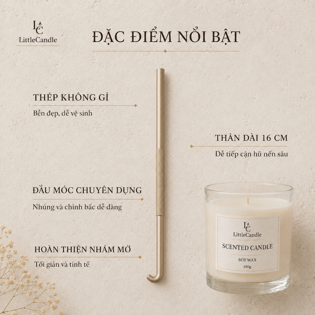 Móc chỉnh bấc nến LittleCandle dài 16 cm, phụ kiện chăm sóc nến thơm – AC-003