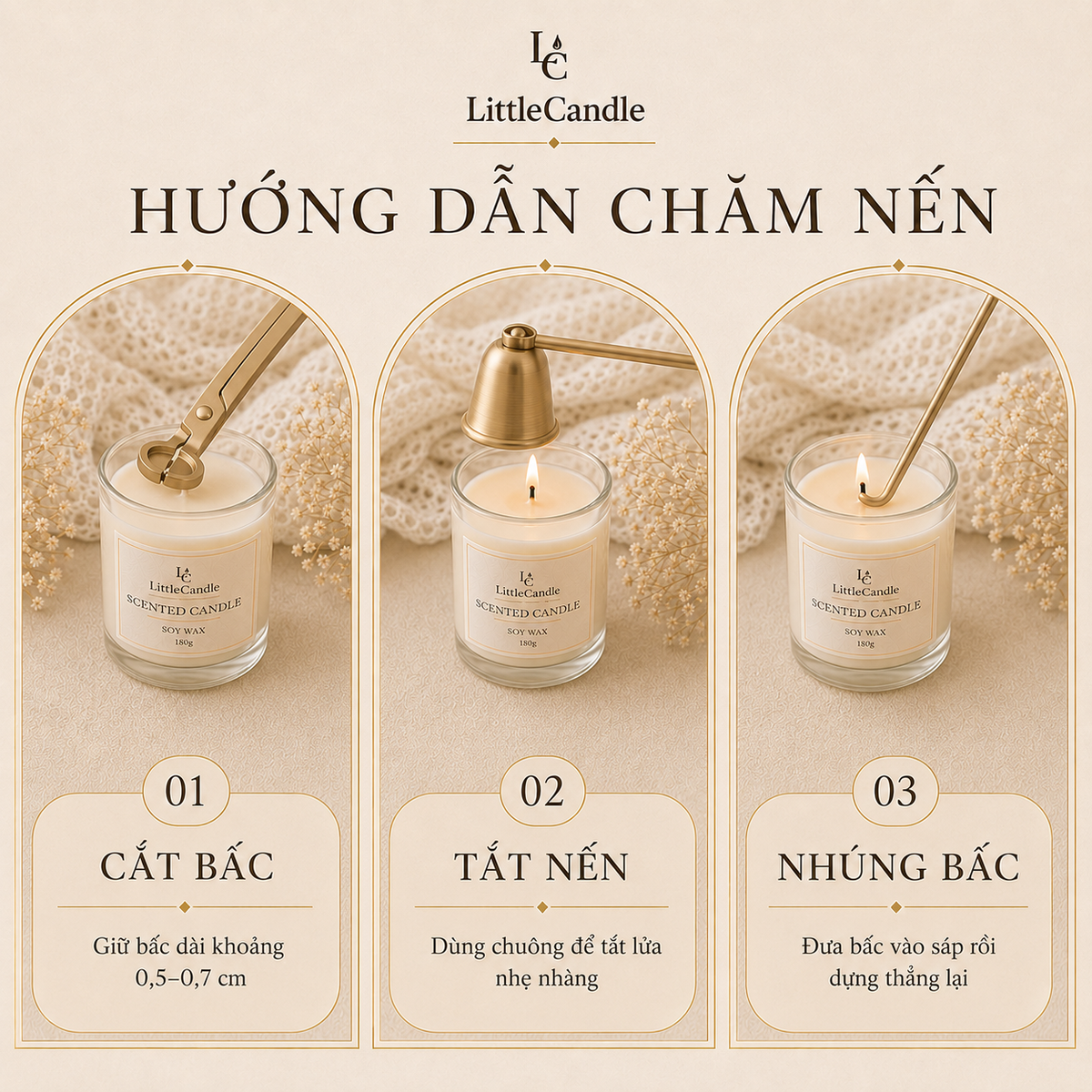 Bộ dụng cụ chăm sóc nến LittleCandle gồm kéo cắt bấc, chuông dập tắt nến và móc chỉnh bấc – AC-004
