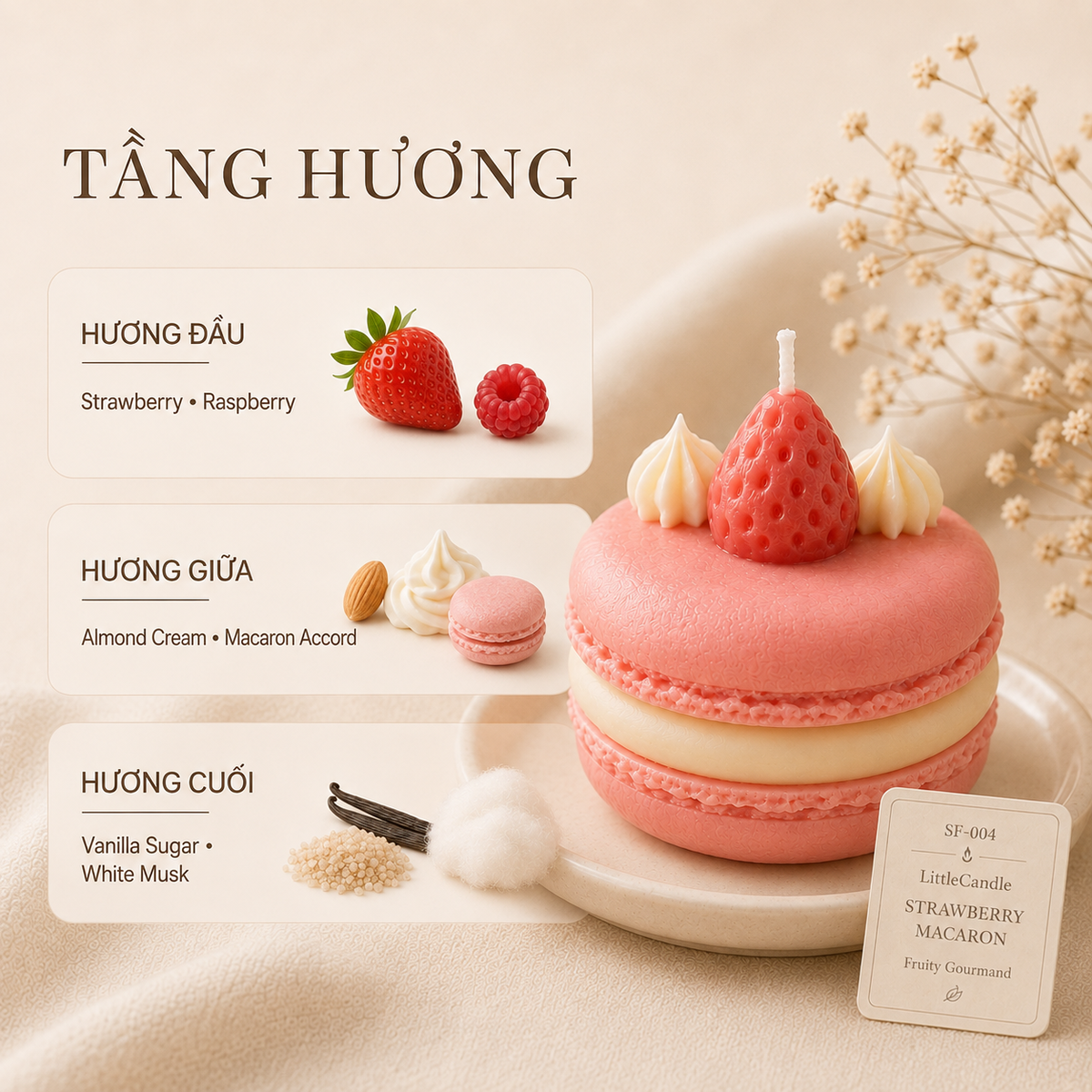 Nến thơm tạo hình bánh macaron dâu LittleCandle, trang trí và làm quà tặng – SF-004