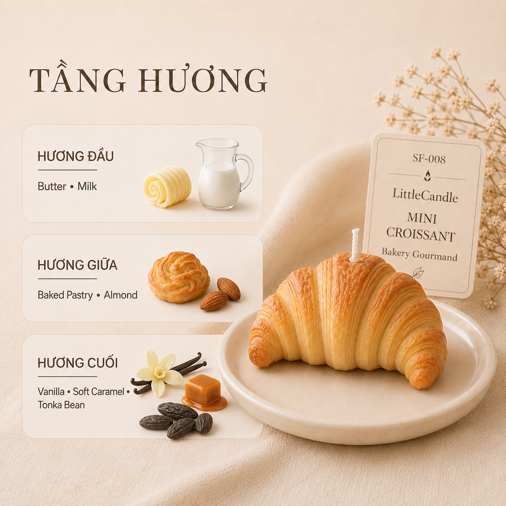 Nến thơm tạo hình bánh sừng bò mini LittleCandle hương bơ vani, trang trí góc cà phê – SF-008
