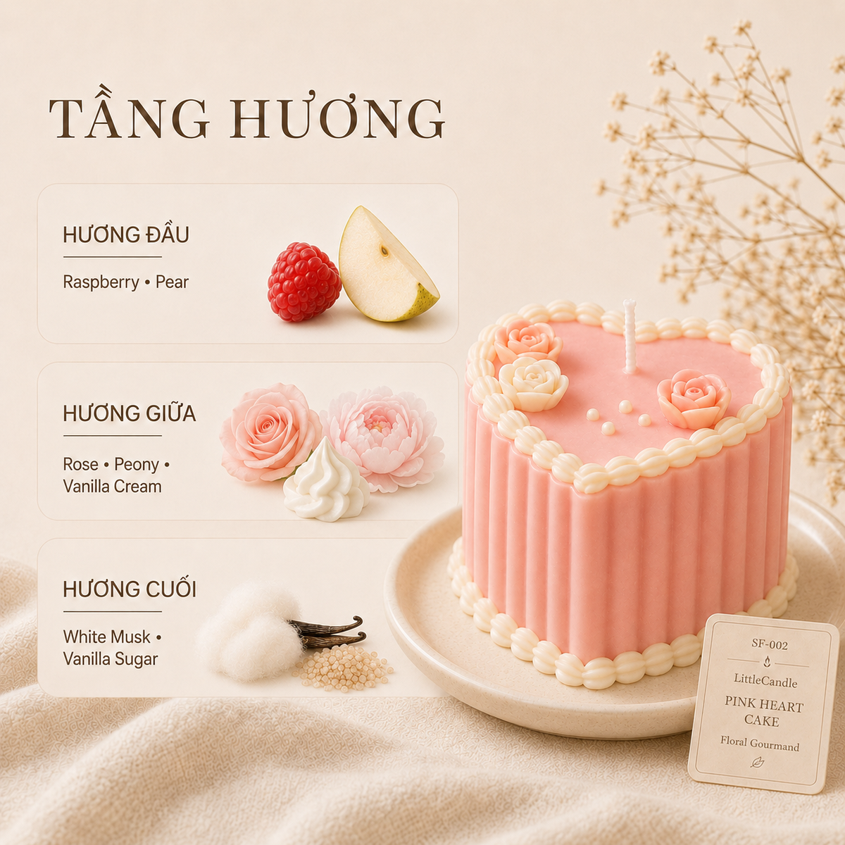 Nến thơm tạo hình bánh trái tim hồng LittleCandle, làm quà sinh nhật và kỷ niệm – SF-002