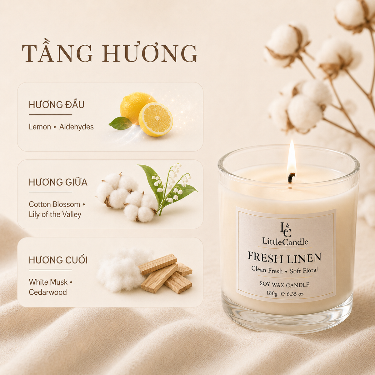 Nến thơm LittleCandle hương vải sạch nhẹ nhàng, thơm phòng và trang trí nhà – JC-007